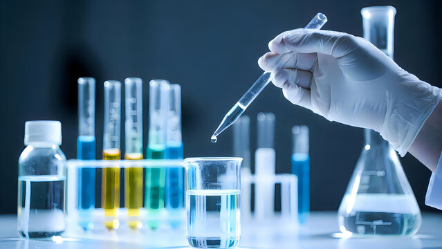 Scientist pipetting colored liquids into laboratory glassware on table