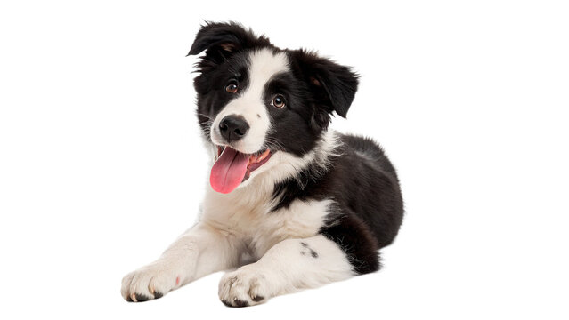 Smart black and white border collie dog sitting calmly with a friendly intelligent expression on transparent background