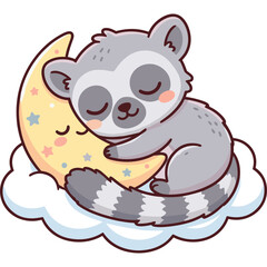 Obraz premium A cute raccoon sleeps peacefully on a crescent moon on fluffy clouds.