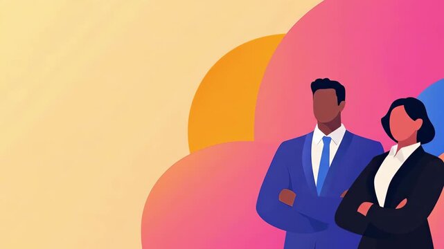 Business loop background, flat style diverse professionals with arms crossed, abstract floating shapes animation