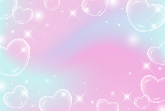 dreamy pastel gradient vector background with holographic heart shaped bubbles and sparkling glitter