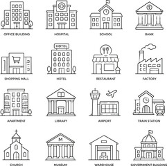 Fototapeta premium Public Buildings Black Line Icon Set Featuring Hospital School Bank Shopping Mall Hotel Factory Train Station Airport and Government Infrastructure Illustrations