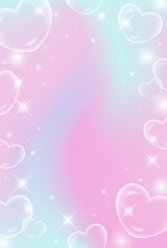 dreamy pastel gradient vector background with holographic heart shaped bubbles and sparkling glitter