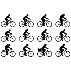 Obraz premium Collection of cyclist silhouettes in various poses with silhouette activity transportation recreation lifestyle movement training