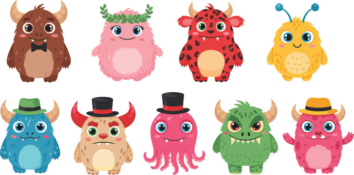 Cute Little Monster Mascot Character Bundle with Fluffy Colorful Aliens Wearing Funny Hats Bowties and Horns for Creative Kids Birthday and Nursery Vector Designs