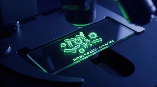 Microscope slide with glowing virus and bacteria visualization in dark lab for virology presentation background.