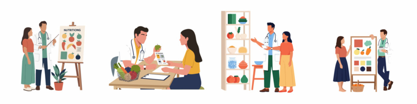 Flat vector illustration set of nutritionist doctors providing dietary consultations and healthy eating advice to patients in a medical clinic environment.