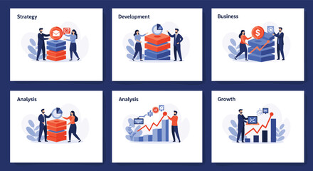 Fototapeta premium Collection of six business presentation slides featuring diverse teams working on strategy, development, analysis, and growth.