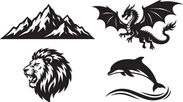 Collection of silhouette icons including mountains dragon lion jumping dolphin with mythical creature sea life black and white graphic reso