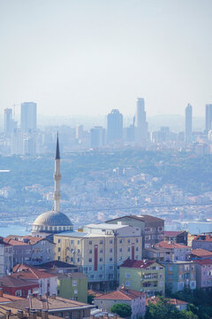 Istanbul view of hilly neighbourhoods and mosque, Turkey