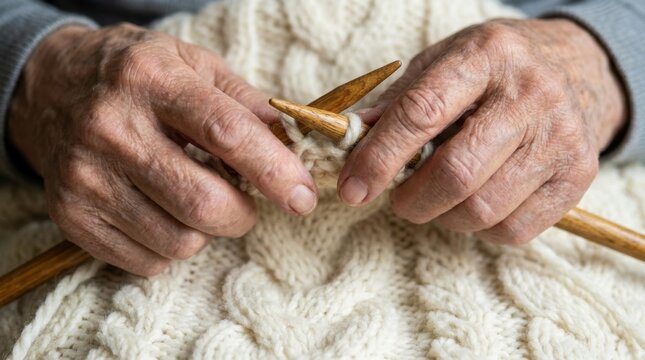 Detail of Senior Hands Knitting a Cable Knit Pattern