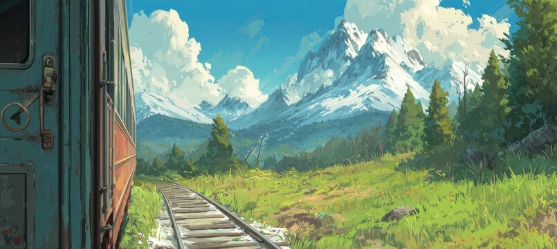 Train travels through a picturesque landscape of snow-capped mountains and lush green fields