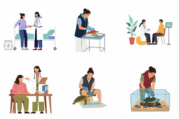 Fototapeta premium Flat illustration collection of doctors caring for patients and veterinary professionals treating sea turtles in various medical and rehabilitation settings.