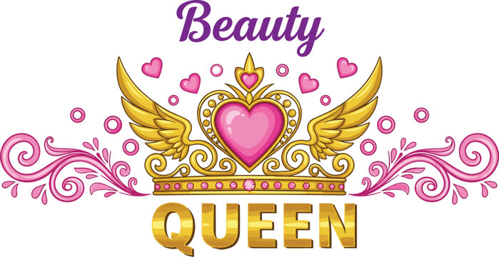 Beauty Queen Typography Logo Design with Golden Tiara Crown Heart Jewels Wings and Ornamental Swirls for Princess Birthday and Salon Branding Elements