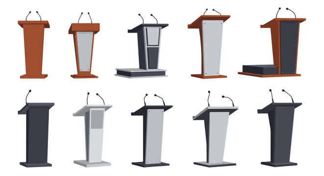 Various designs of professional wooden and metal podiums and lecterns equipped with microphones for public speaking.