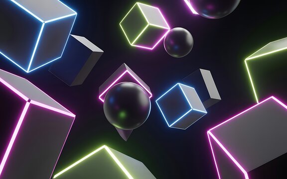 Floating Geometric Shapes with Neon Edges in a Dark Void onjnnkagto2lfhh4n14auq stock