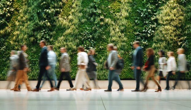 Group of business professionals walking in office building corridor with modern design and bright lighting