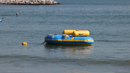 Fototapeta premium Blue and Yellow Inflatable Raft Floating on Calm Water Near Shore