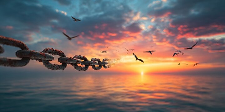 Rusty chain breaking apart over ocean at sunset, birds flying free