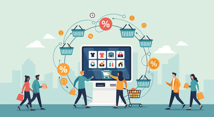 Naklejka premium Online shopping and digital commerce concept with people carrying shopping bags around a large touchscreen kiosk in a city environment.