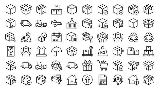 Comprehensive set of 60 logistics and shipping line icons featuring delivery trucks, cardboard boxes, cargo airplanes, forklifts, tracking symbols, and warehouse management tools for business.