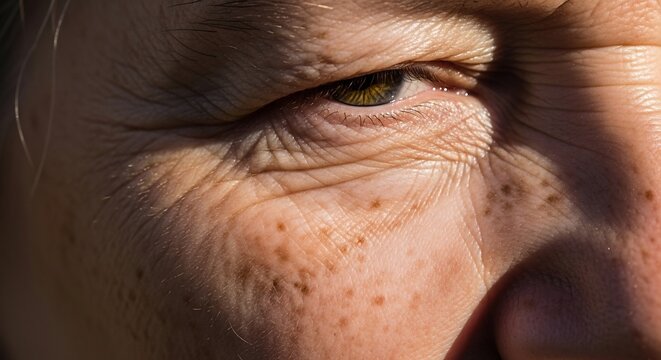 Close-up Macro Shot of an Elderly Persons Eye and Wrinkled Skin.