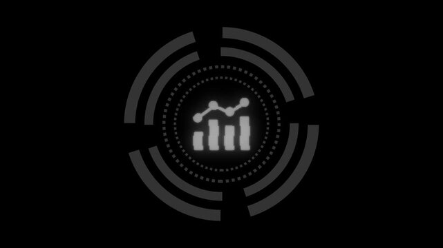 Futuristic hud element displays rising bar graph chart inside rotating circular interface