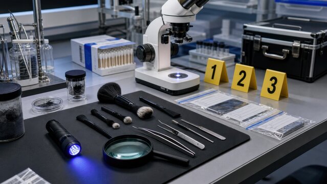 Scientific tools and equipment arranged on a laboratory table with a microscope, light, and evidence collection materials present during a forensic examination