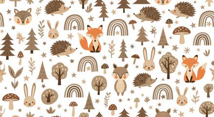 Fototapeta premium Cute woodland animal pattern for children featuring foxes, rabbits, hedgehogs, and forest trees with mushrooms.