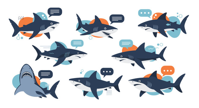 Collection of cute shark characters with speech bubbles and different facial expressions in a flat design style.
