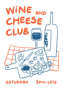 Kitchen Wall art. Invitation for wine and cheese party. Wine tasting concept.