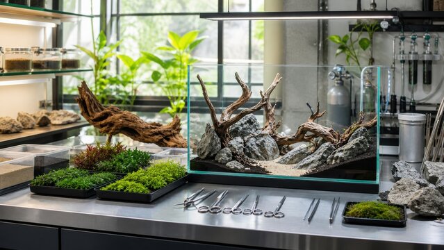 Aquascaping setup with tools and plants in a bright indoor space at a workshop during daytime showcasing rocks and driftwood