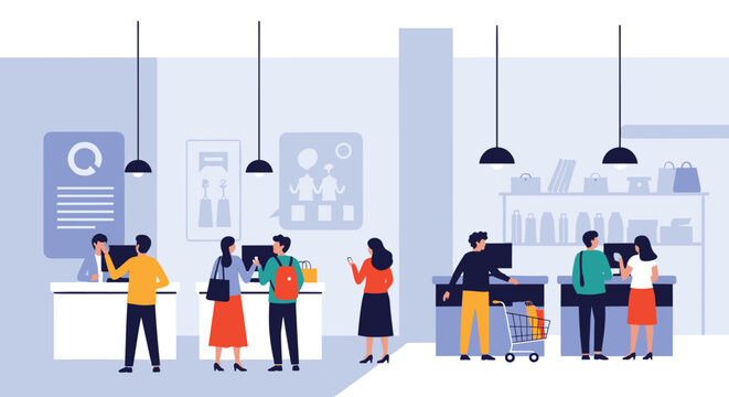 Modern supermarket interior with customers waiting at checkout counters and employees providing customer service.