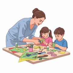 Fototapeta premium Children crafting with adult guidance using colorful paper and glue on wooden table. Creative kids activity with floral decorations and art supplies. Educational illustration for parenting resources.