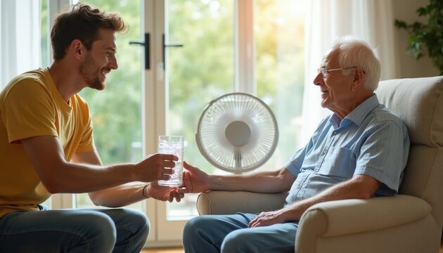 Young man gives glass of cold water and ice to elderly man sitting in armchair. Electric fan cools room during hot summer day. Person provides aid.