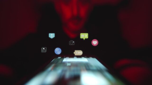 Person wasting time swiping through social media apps with floating heart reactions and glowing digital feedback.