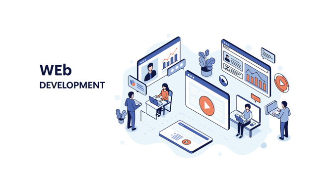 Modern isometric illustration of a web development team working in a collaborative environment with floating screens and digital devices.