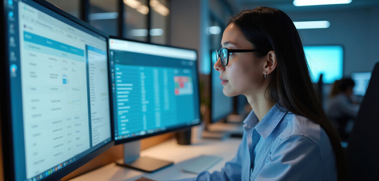 Young woman wears glasses analyzing finance data on multiple computer monitors. Female analyst checks charts and spreadsheets on desktop screens in office.