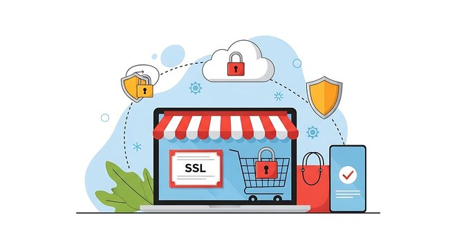 Online shopping security concept with SSL protected store on laptop and mobile devices