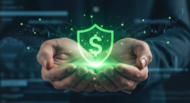 Hands holding a glowing digital dollar shield, perfect for money safety concepts and secure earnings plans