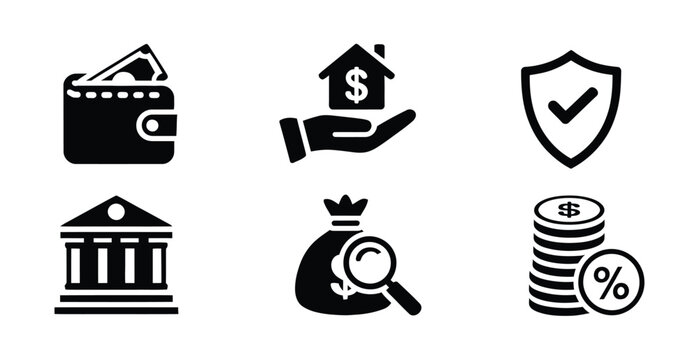 Finance and security icon set, vector collection featuring wallet, investment, banking, shield protection, money search, and interest symbols for business and financial technology design