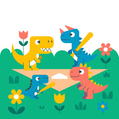 Fototapeta premium Playful vector illustration of cute colorful dinosaurs playing a game of baseball in a sunny green meadow filled with bright flowers, representing joy, teamwork, and childhood innocence