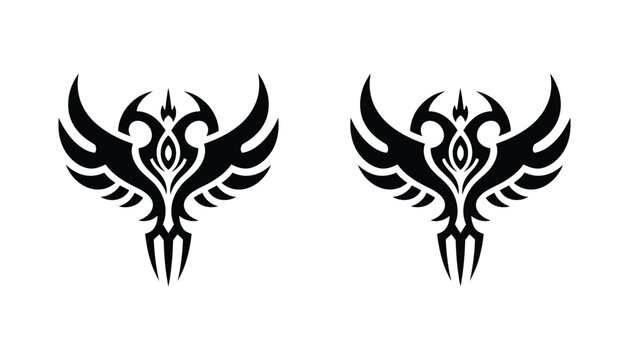 Mythical phoenix bird rising from flames stylized emblem in outline and black silhouette