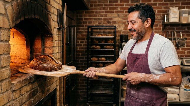 Hispanic baker using a wooden peel to remove fresh sourdough bread from oven.