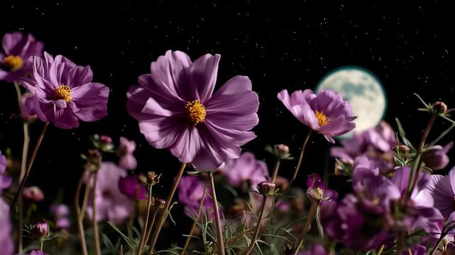 Cosmos flowers illuminated by soft moonlight, creating a serene and enchanting nighttime garden scene.