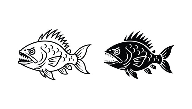 Aggressive predatory fish icons with sharp teeth in black and white vector illustration for sports logos