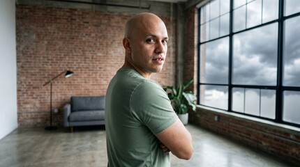 Fototapeta premium Bald Hispanic man standing with arms crossed looking back in modern industrial loft