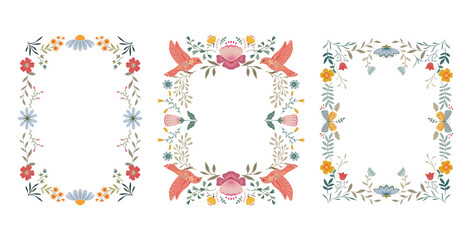 Fototapeta premium Set of Christmas folk art floral frames. Winter Scandinavian Nordic wreath. Holiday flower and greenery leaves, fir tree branches border. Vector illustration