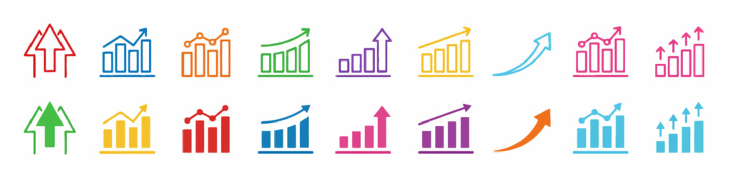 Colorful upward trending bar charts and arrows representing financial growth and positive progress icons