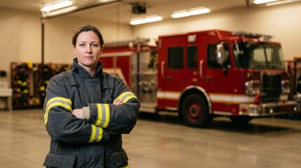 Fototapeta premium Female firefighter standing with arms crossed in a fire station.